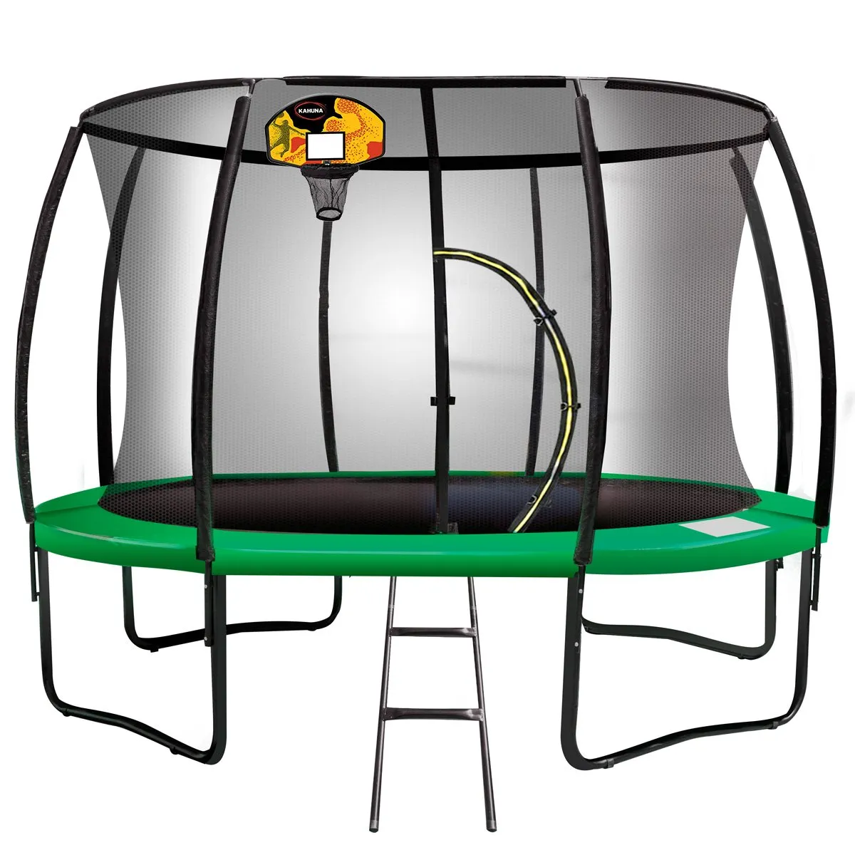 10ft Green Outdoor Trampoline with Safety Net, Ladder & Basketball Set Kahuna