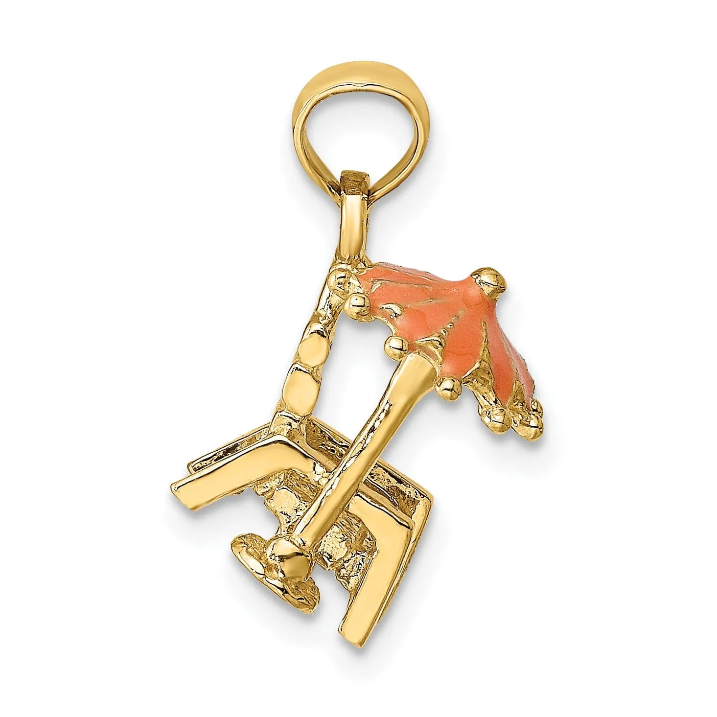 14K Yellow Gold Polished Finish 3-Dimensional Beach Chair with Orange Color Enameled Umbrella Charm Pendant