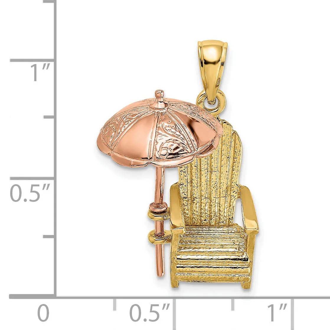 14K Yellow, Rose Gold Polished Finish 3-Dimensional Beach Chair with Umbrella Charm Pendant