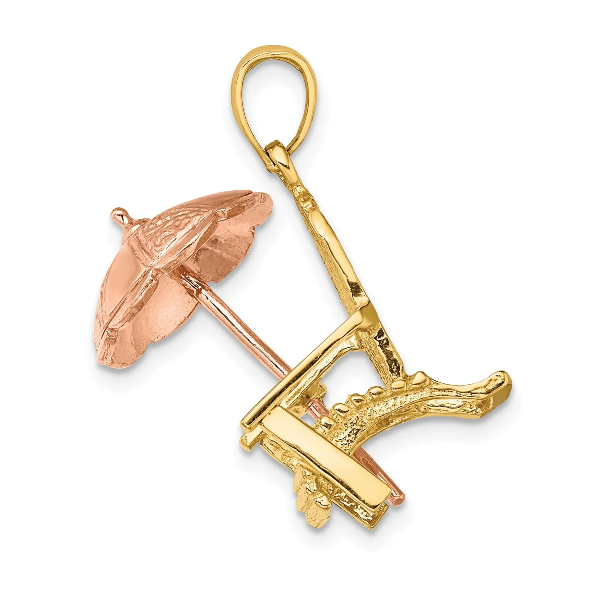 14K Yellow, Rose Gold Polished Finish 3-Dimensional Beach Chair with Umbrella Charm Pendant