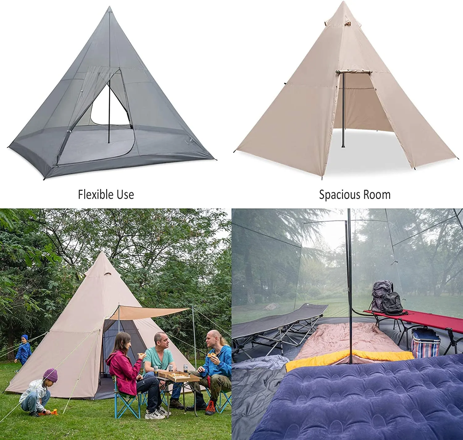 Family Camping Tent Large Waterproof Tipi Tents 8 Person Room Teepee Tent Instant Setup Double Layer