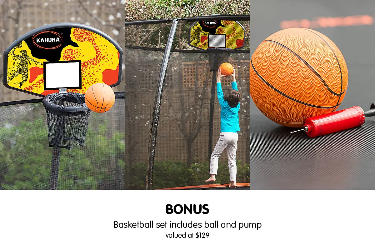 Heavy Duty 8ft Trampoline with Basketball Set, UV-Stabilized Padding, Safety Net - Kahuna