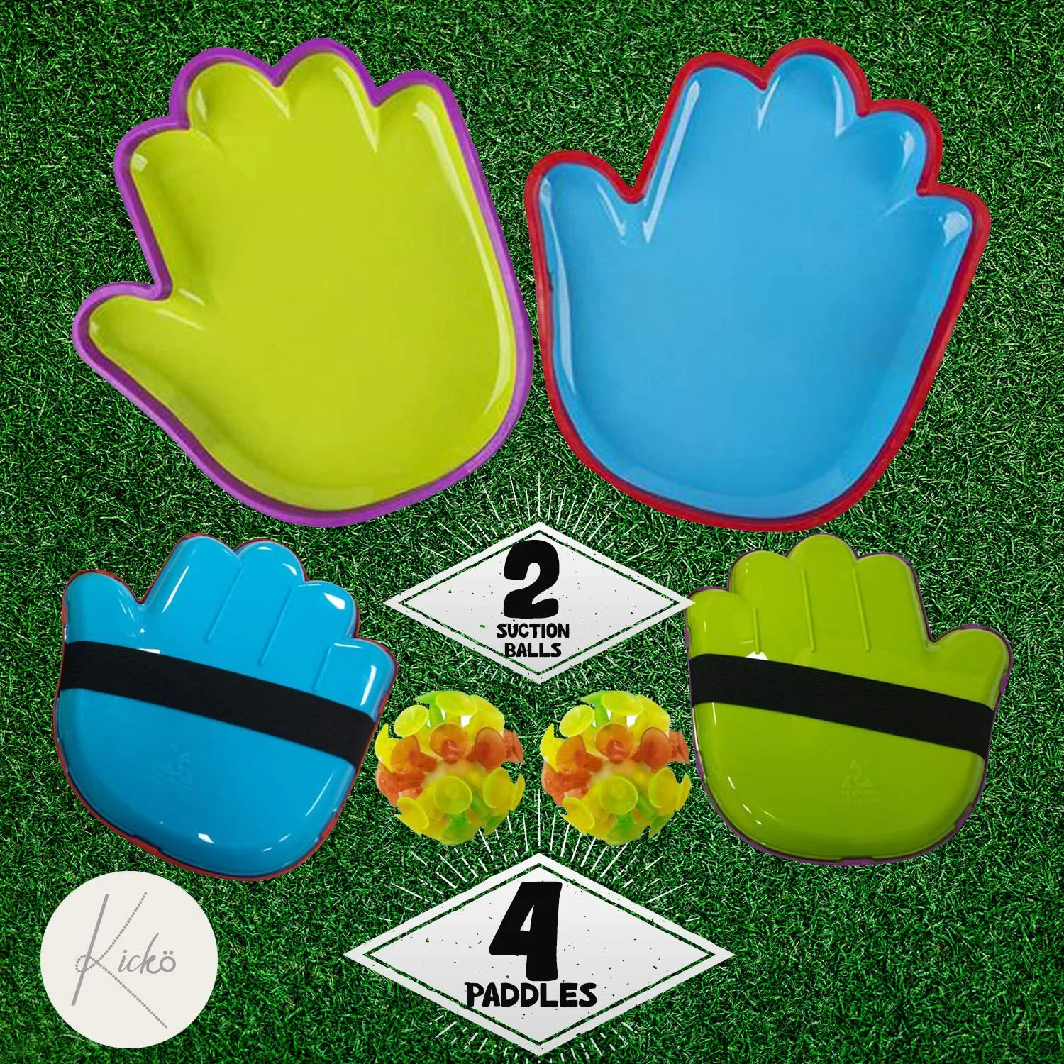 Kicko Mega Hands Toss and Catch Game - 4 Paddles, 2 Suction Balls - 7.25 Inch - 4 Player