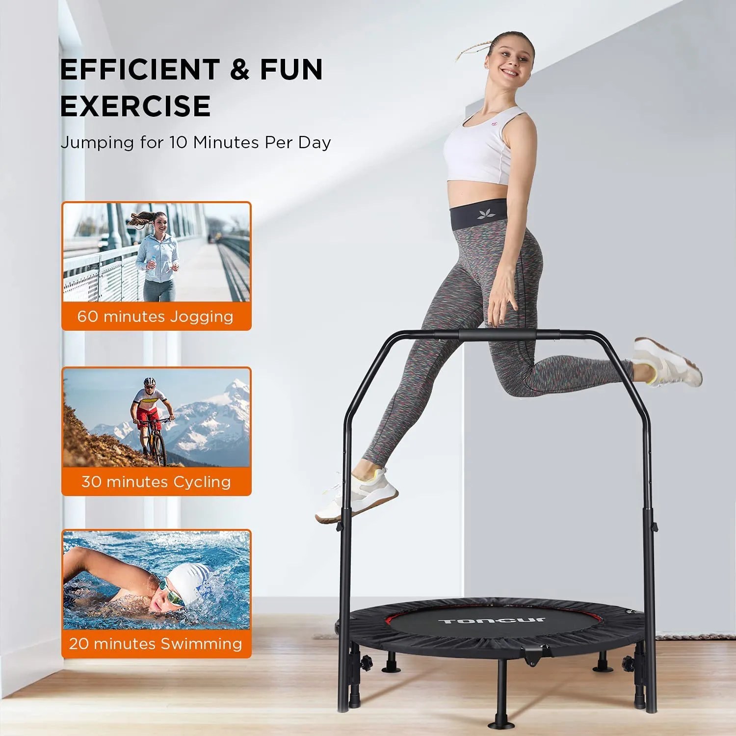 Toncur 40" Foldable Mini Trampoline, Fitness Rebounder with 5 Levels Adjustable Foam Handle for Adults or Kids Workout, Exercise Bounce for Indoor/Garden, Max Load 330 Lbs(6 Suction Cups Included)