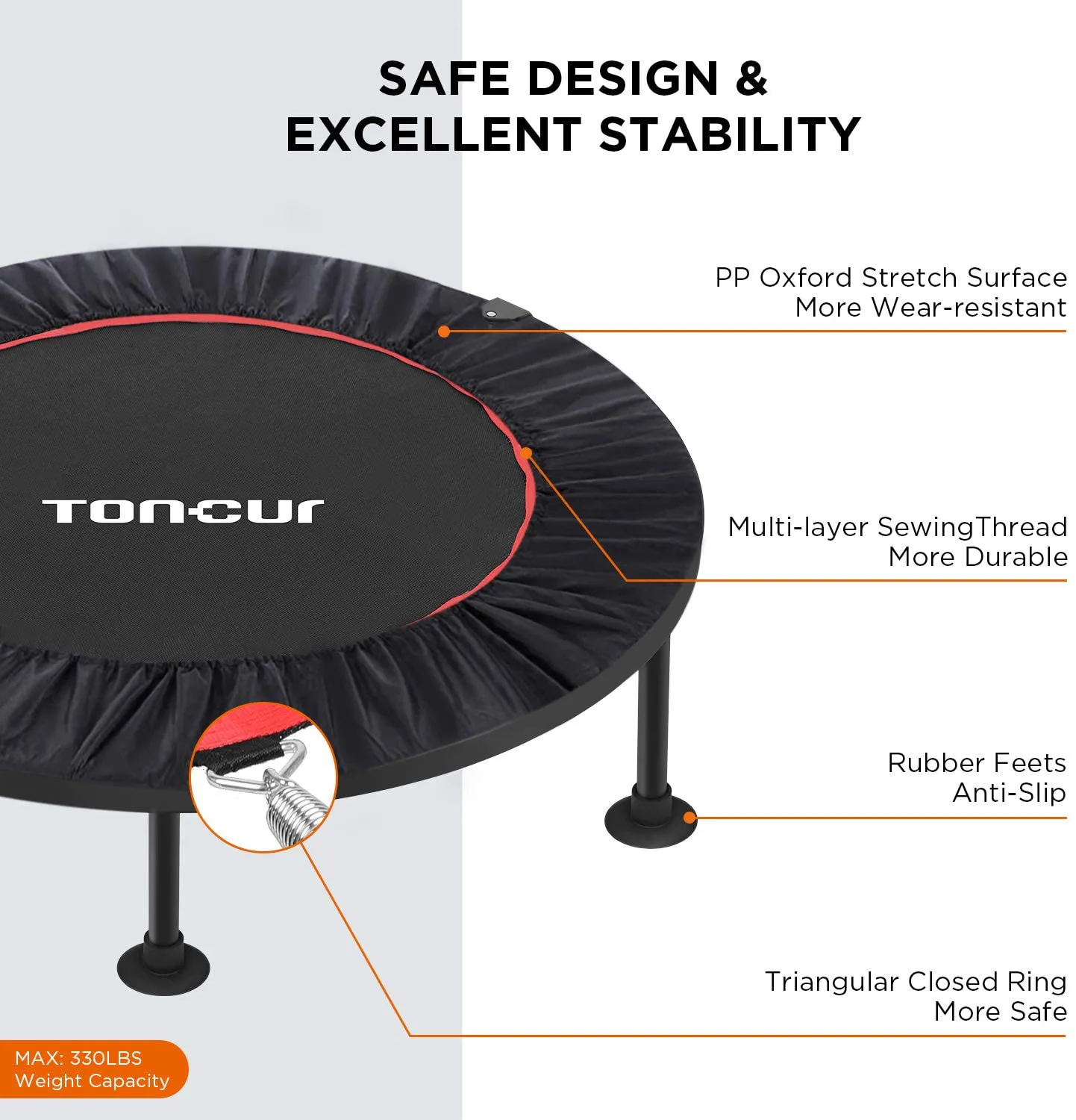 Toncur 40" Foldable Mini Trampoline, Fitness Rebounder with 5 Levels Adjustable Foam Handle for Adults or Kids Workout, Exercise Bounce for Indoor/Garden, Max Load 330 Lbs(6 Suction Cups Included)