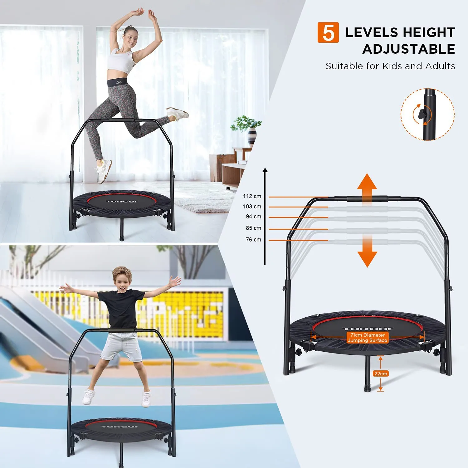 Toncur 40" Foldable Mini Trampoline, Fitness Rebounder with 5 Levels Adjustable Foam Handle for Adults or Kids Workout, Exercise Bounce for Indoor/Garden, Max Load 330 Lbs(6 Suction Cups Included)