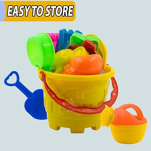 WISHKEY Sand Game Castle Building Plastic Beach Toy Set for Kids Summer Fun Creative Activity Playset & Gardening Tool with Fishes, Elephant & Bucket (Pack of 12, Multicolor)