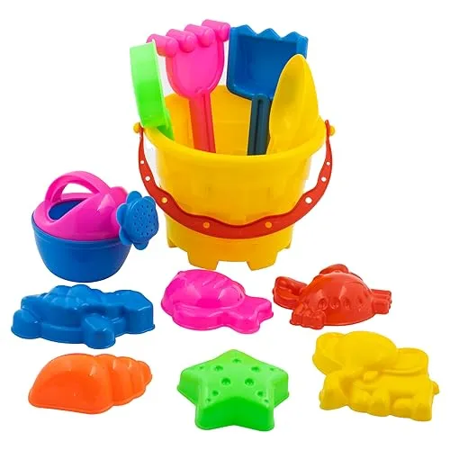 WISHKEY Sand Game Castle Building Plastic Beach Toy Set for Kids Summer Fun Creative Activity Playset & Gardening Tool with Fishes, Elephant & Bucket (Pack of 12, Multicolor)