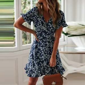 Women Summer Beach Wrap Mini Dress With Ruffles and Decorative Sash